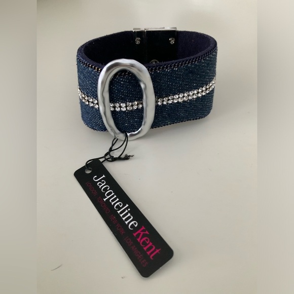 JACQUELINE KENT Denim Crystal Turn Lock Silver Statement Cuff Bracelet BRAND NEW - Picture 2 of 16